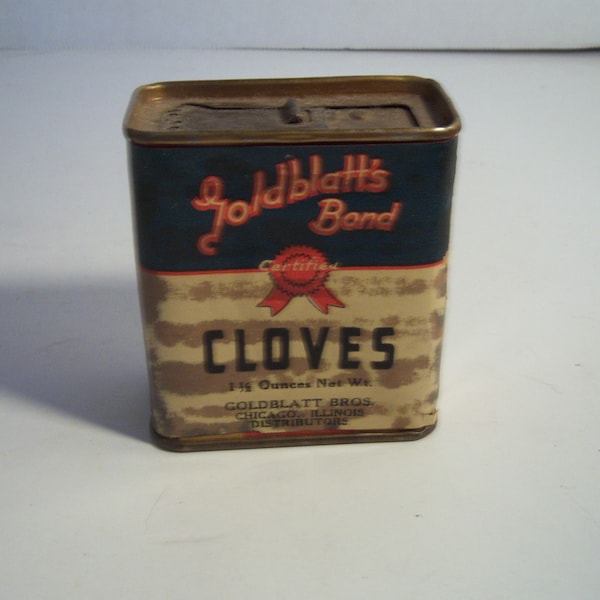 1940's Goldblatt's Bond Cloves Chicago ILL 2 5/8" Cardboard Metal Spice Condiment Box Tin