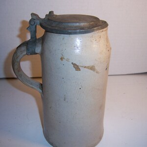 BK - 1860-80's YY Salt Glaze Pottery German 1 Liter Beer Stein 8 1/2" Tall