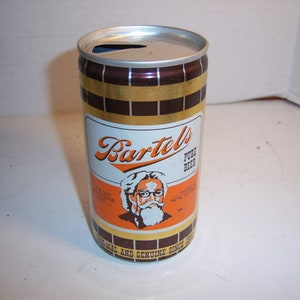 May include: A vintage aluminum can of Bartel's Pure Beer. The can features a brown and gold design with a picture of a man with a long white beard and glasses. The text on the can reads "Bartel's Pure Beer" and "The Old Professor Knows... All There Is In None Other Than... TM".