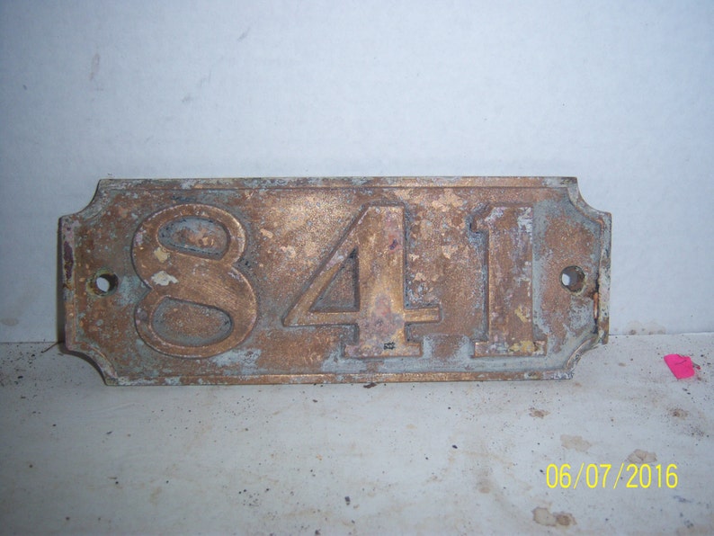 Early Heavy Brass House Number 841 Plate Placard Sign 7 14 long by 2 58 inches tall