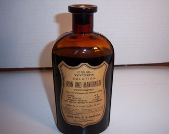 BW - 1890's Wyeth & Bro Phila, Pa AMBER strap sided 6 3/4" Tall Druggist Pharmacy medicine bottle Iron and Manganese Paper label