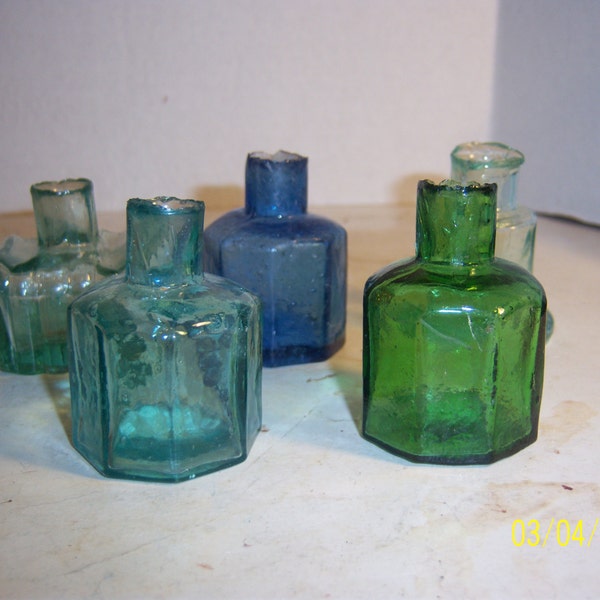 1890's  Lot of  5  English Burst Lip Aqua, Cobalt Blue Yellow Green Ink Bottles Inkwells 2 1/4 inches