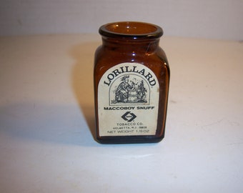 helme tobacco company JS - 1970's Lorillard Maccoboy Tobacco Snuff Helme Products Co Helmetta NJ  4 5/8 Inch Amber EMPTY Bottle With Paper Label