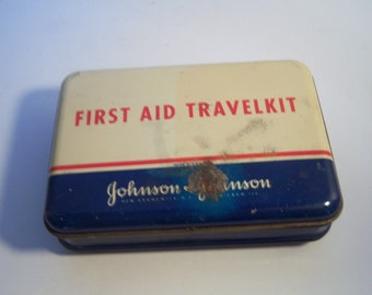 1960's Johnson & Johnson Travelkit First Aid Kit 5 1/4 inch Long Metal Medicine Tin