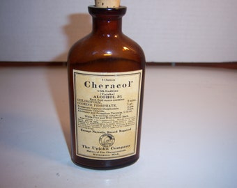 BW - 1930's Upjohn Co Cheracol Kalamazoo, Mich 5 1/4 inch tall Amber Medicine Druggist Pharmacy Homeopathic Bottle with paper label No 2