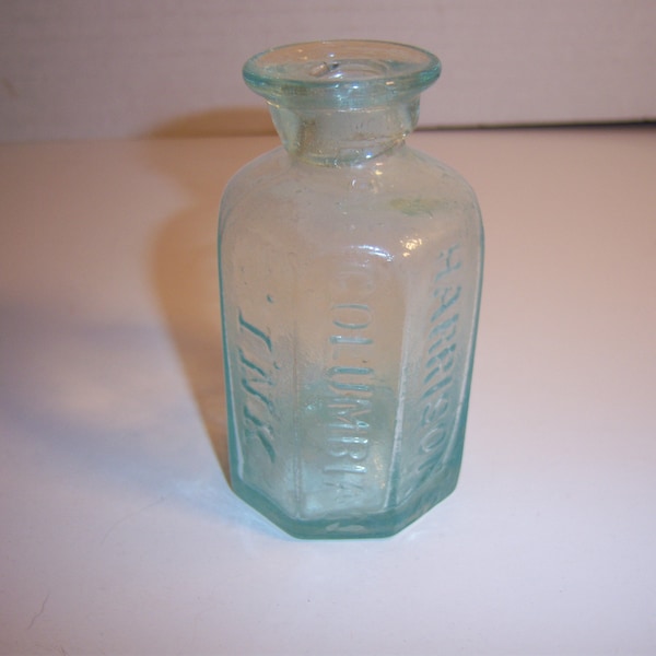 1840-50's Harrison's Columbian Ink 3 5/8 inch tall Open pontiled AQUA Bottle