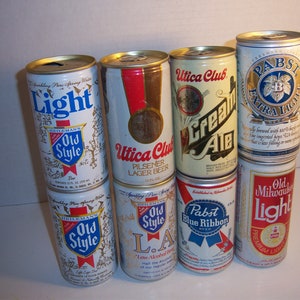 1970-80&#39;s Lot of 8 Old Styles Pabst Blue Ribbons Old Milwaukee Utica Club Aluminum EMPTY beer ale cans No 11