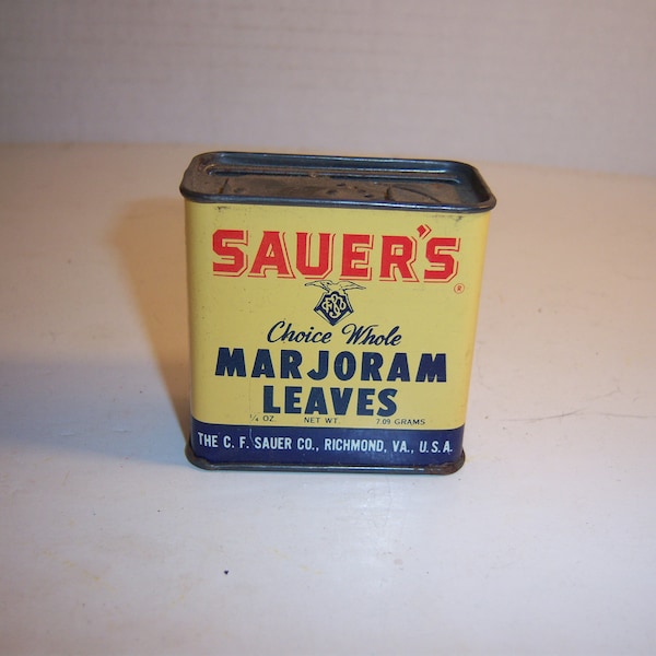 JS - 1950's Sauer's Marjoram Leaves Richmond Va 2 1/4" Metal Condiment Box Tin