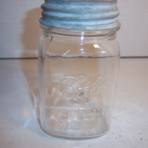 PA4 - 1920&#39;s Ball Perfect Mason 5 inch tall Squarish Clear Pint Fruit Canning jar Wedding Shower display centerpiece No 1A