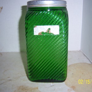 1930's  Emerald Green 7 1/4 inch tall Coffee Food Bottle Jar Aluminum Lid