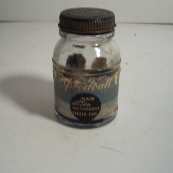 1950's Hunt Mfg Co Speedball Black Waterproof India INK Camden NJ 2 3/4  inch clear Ink Desk School Bottle with paper label