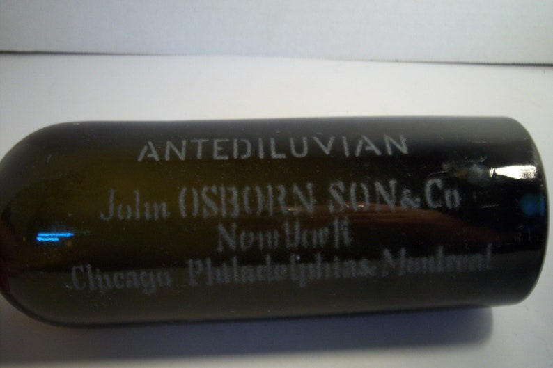 1890's John Osborn Antediluvian New York Chicago Philada Montreal Etched Olive Green 11 3/8 inch tall Liquor Whiskey Bottle Cylinder image 2