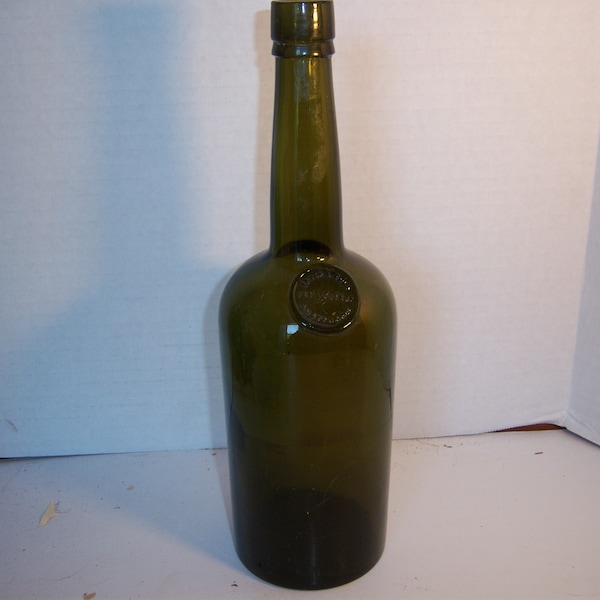 1890's Erven BOLS Het Lootsje Amsterdam Applied Glass Olive Green 11 1/8" Liquor Gin Whiskey bottle