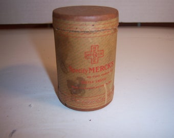 BW - 1920's Merck & Co New York  Tartar Emetic 3 1/8  inchtall cardboard Druggist Pharmacy Medicine Tin