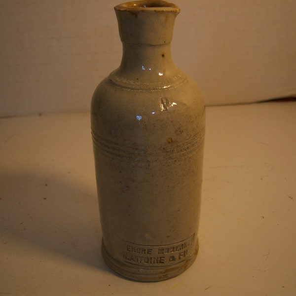 1890's  Engre Moderne N. Antoine & Fils Italian 5 1/8 inch tall ink pour spout utility stoneware bottle