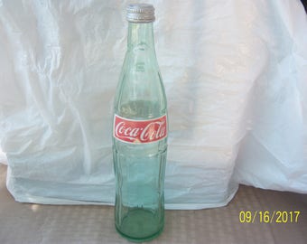 1970's Coke 16 oz aqua acl painted label soda bottle 11" tall
