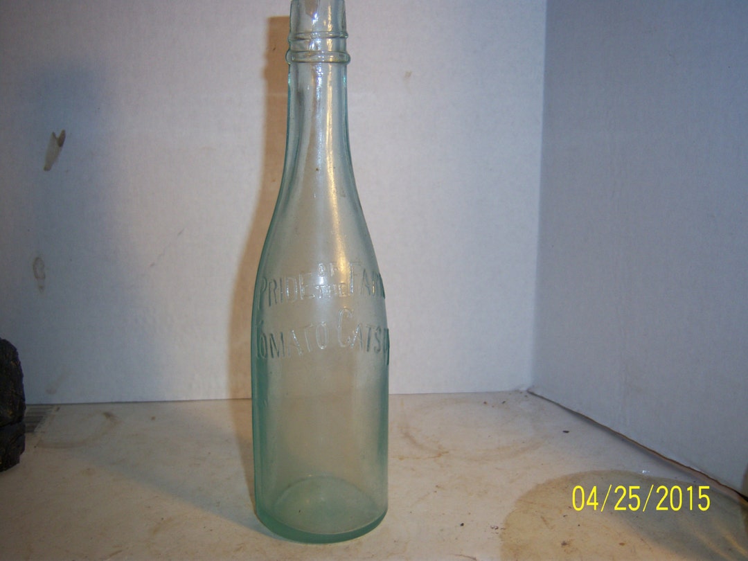 1900's Pride of the Farm Tomato Catsup 9 1/4 Inch Tall Aqua Ketchup