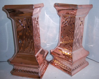 1960's Lot of 2 Copper Finish Column Casket Cast metal Corners Religion  Death 9 7/8" Tall