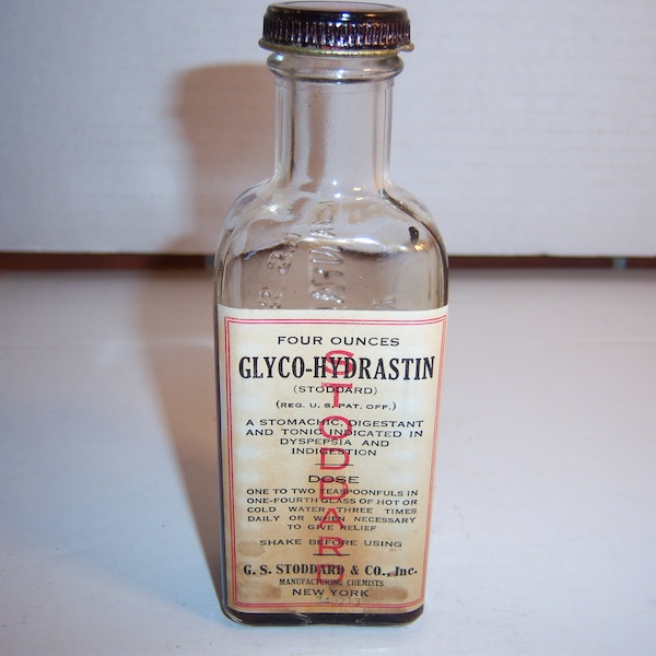 BW - 1930's GS SToddard Glco Hydrastin New York medicine druggist pharmacy bottle paper label 5 1/2 inches tall