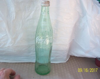 1970's Coca Cola Augusta Ga  Corsicana Texas 16 oz aqua acl painted label soda bottle 11" tall