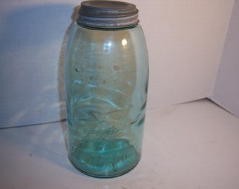 KS1 - 1920's Ball Mason Blue Half Gallon 8 3/4" Tall  Fruit  Canning jar Wedding  Shower display centerpiece