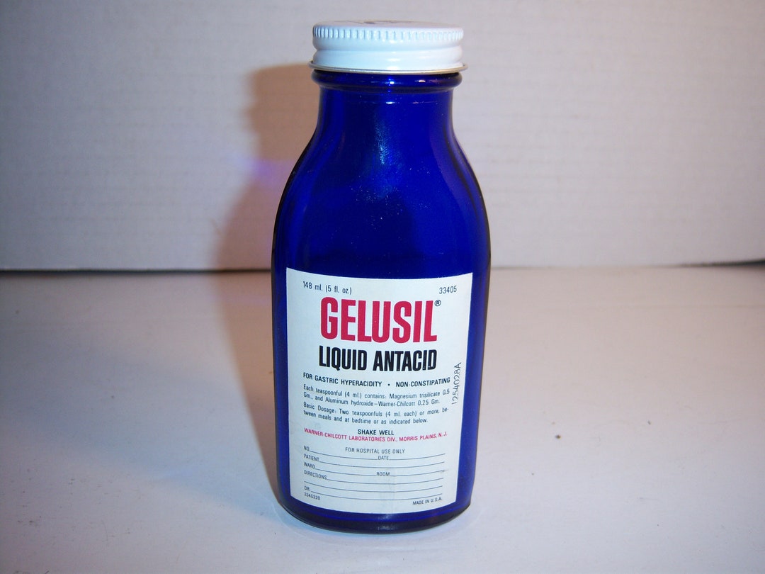 KH 1950's Gelusil Liquid Antacid 5 3/8 Inch Cobalt Blue Medicine