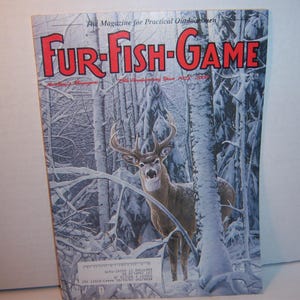 May include: A magazine cover featuring a deer in a snowy forest. The magazine title, "Fur-Fish-Game," is in large red letters. The background shows a winter scene with snow-covered trees and branches.