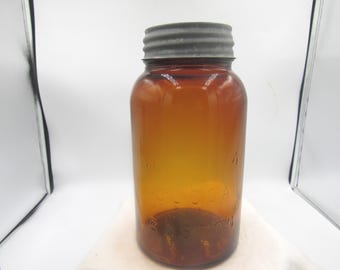 CT26 - 1920's Wan-eta Cocoa Boston Honey Amber Quart 7 1/2" Fruit Canning jar Wedding Shower display centerpiece