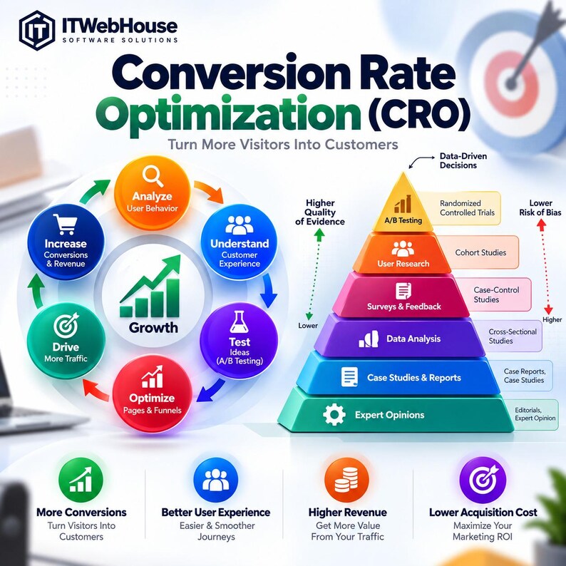 May include: An infographic titled Conversion Rate Optimization (CRO) by ITWebHouse. It features a circular growth diagram with six colored icons, a multi-colored pyramid showing levels of evidence, and four bottom icons for business metrics.