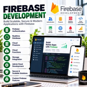 Puede incluir: Un gráfico promocional para el desarrollo de Firebase con una computadora portátil y un teléfono inteligente que muestran código e interfaces de aplicaciones. El texto incluye "FIREBASE DEVELOPMENT", "Build Scalable, Secure & Modern Applications with Firebase" y listas de servicios como Authentication, Firestore y Cloud Functions.