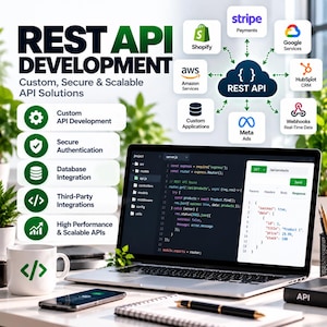 Op de afbeelding: Een laptop met code en een REST API-antwoord, omringd door iconen voor Shopify, Stripe, Google, AWS, HubSpot en Meta. De tekst luidt REST API DEVELOPMENT, Custom, Secure & Scalable API Solutions en somt diverse ontwikkelingsdiensten op.
