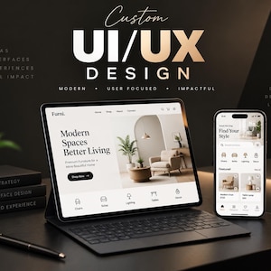 May include: A tablet and smartphone displaying a furniture website interface titled Furni. The screen shows Modern Spaces Better Living text, product categories, and images of chairs and tables. The background features text including Custom UI/UX DESIGN.
