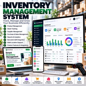 Könnte beinhalten: Eine digitale Bestandsverwaltungsschnittstelle auf einem Computermonitor, Laptop-Bildschirm und Smartphone. Das Dashboard zeigt Datenvisualisierungen, Lagerbestände und Transaktionslisten. Text beinhaltet StockMaster und verschiedene Funktionen.