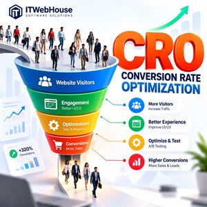 May include: A digital infographic for ITWebHouse Software Solutions illustrating a conversion rate optimization funnel. The graphic features a multi-colored funnel with people entering the top and exiting the bottom, alongside text labels for CRO.