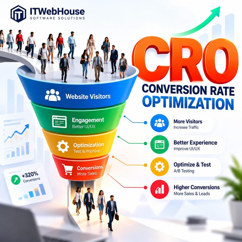 May include: A digital infographic for ITWebHouse Software Solutions illustrating a conversion rate optimization funnel. The graphic features a multi-colored funnel with people entering the top and exiting the bottom, alongside text labels for CRO.