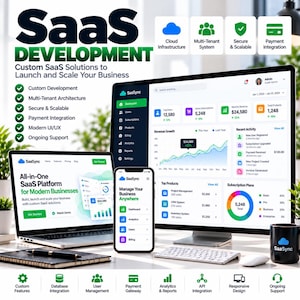 以下が含まれることがあります： SaaS開発サービスを表示するデジタルディスプレイで、大型モニター、ノートパソコン、スマートフォンの画面が並んでいます。画面にはSaaSyncダッシュボードが表示され、グラフ、データメトリクス、およびCloud Infrastructure、Multi-Tenant System、Secure & Scalable、Payment Integrationなどのテキストが含まれています。