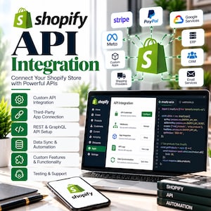 Puede incluir: Un gráfico digital que muestra servicios de integración de API de Shopify. La imagen presenta una computadora portátil y un teléfono inteligente con interfaces de código y panel, rodeados de iconos para Stripe, PayPal, Google, Meta, ERP, CRM y envíos.
