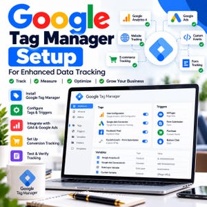 以下が含まれることがあります： Googleタグマネージャーのインターフェースを表示したノートパソコン。画面にはタグ、トリガー、変数のリスト、Googleアナリティクス4とGoogle広告の統合設定が表示されています。手前にはGoogleタグマネージャーのロゴが入った白いマグカップが置かれています。