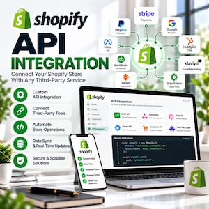 Op de afbeelding: Een digitale afbeelding die Shopify API-integratiediensten toont. Het bevat een laptop en smartphone met Shopify-interfaces, omringd door iconen voor Stripe, PayPal, Google Analytics, Meta, HubSpot, QuickBooks, Zapier en ShipStation.