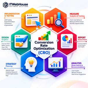 May include: A hexagonal infographic titled Conversion Rate Optimization (CRO) surrounded by six smaller hexagons featuring icons for Implementation & Testing, Measure, Report, Analysis, Strategy Planning, and Design Graphics with text labels.