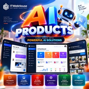 May include: A digital graphic for ITWebHouse Software Solutions featuring a 3D robot, the text AI PRODUCTS, and three tablet screens displaying an AI dashboard, chat interface, and image generator, with six colorful buttons for AI services.