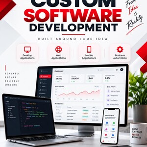 May include: A promotional graphic for custom software development featuring a laptop displaying code, a monitor showing a dashboard, and a smartphone with an app interface. Text includes "Ideas, Logic, Real Solutions" and "From Idea to Reality."
