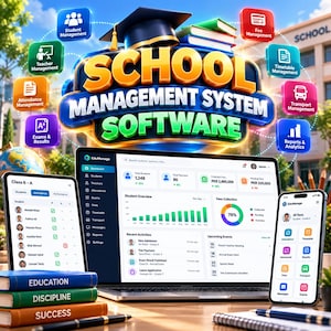 Puede incluir: Software de gestión escolar mostrado en una computadora portátil, tableta y teléfono inteligente. La pantalla muestra paneles con datos de estudiantes, cobro de cuotas y asistencia. Libros etiquetados como Education, Discipline y Success están apilados.