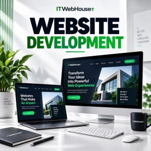 May include: A computer monitor and laptop displaying the ITWebHouse website, featuring the text Website Development, Transform Your Ideas Into Powerful Web Experiences, and Websites That Make An Impact, alongside a branded notebook, pen, and mug.