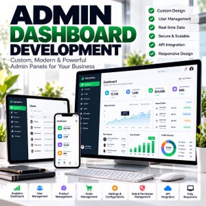 Könnte beinhalten: Ein Computermonitor, ein Tablet und ein Smartphone zeigen eine AdminPro-Dashboard-Oberfläche mit Datendiagrammen, Benutzerlisten und Verkaufsmetriken. Der Text lautet ADMIN DASHBOARD DEVELOPMENT, Custom, Modern & Powerful Admin Panels for Your Business.