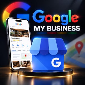 May include: A smartphone displaying a Google My Business profile interface next to a blue 3D storefront icon with a white G logo. The text Google MY BUSINESS appears in large letters above the icon, with a colorful G logo in the background.