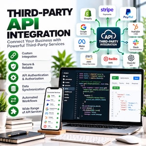 Könnte beinhalten: Eine digitale Grafik zur Drittanbieter-API-Integration mit einem Laptop, der Code anzeigt, einem Smartphone mit einer Liste verbundener Dienste sowie Symbolen für Shopify, Stripe, PayPal, Google, Meta, HubSpot, Slack, AWS, Twilio und OpenAI.