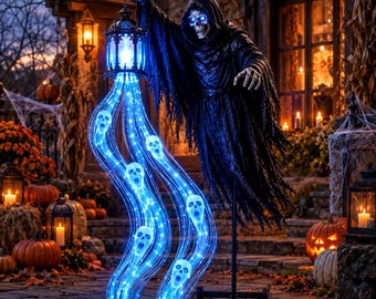 Decoración de jardín de la Parca para Halloween: Estatua de farol gótico con luz que recoge almas