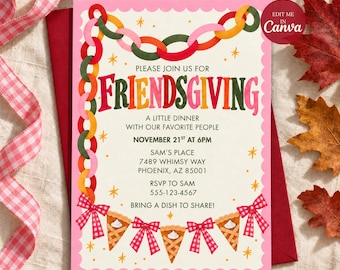 Puede incluir: Una tarjeta de invitación rectangular para Friendsgiving con un borde rosa festoneado. El diseño presenta una guirnalda de cadenas de papel de colores, trozos de tarta y lazos de cuadros vichy rojos. El texto incluye detalles del evento.