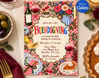 May include: A rectangular Friendsgiving invitation card featuring a red and white gingham background, floral illustrations, wine glasses, a bottle, and a slice of pie. The text reads: please join us for FRIENDSGIVING, an evening of eating, drinking & oversharing, November 21st at 6pm, Sam's Place, 1213 Maple Lane, Houston, TX 71001, RSVP to Samantha, 555-123-4567.